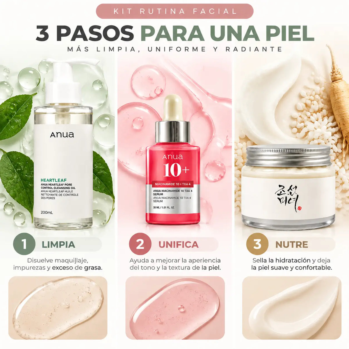 Zivanne, Kit Limpieza Profunda, Tono Uniforme y Nutrición K-Beauty, Rutina Facial de 3 Pasos, Set de 3 Piezas