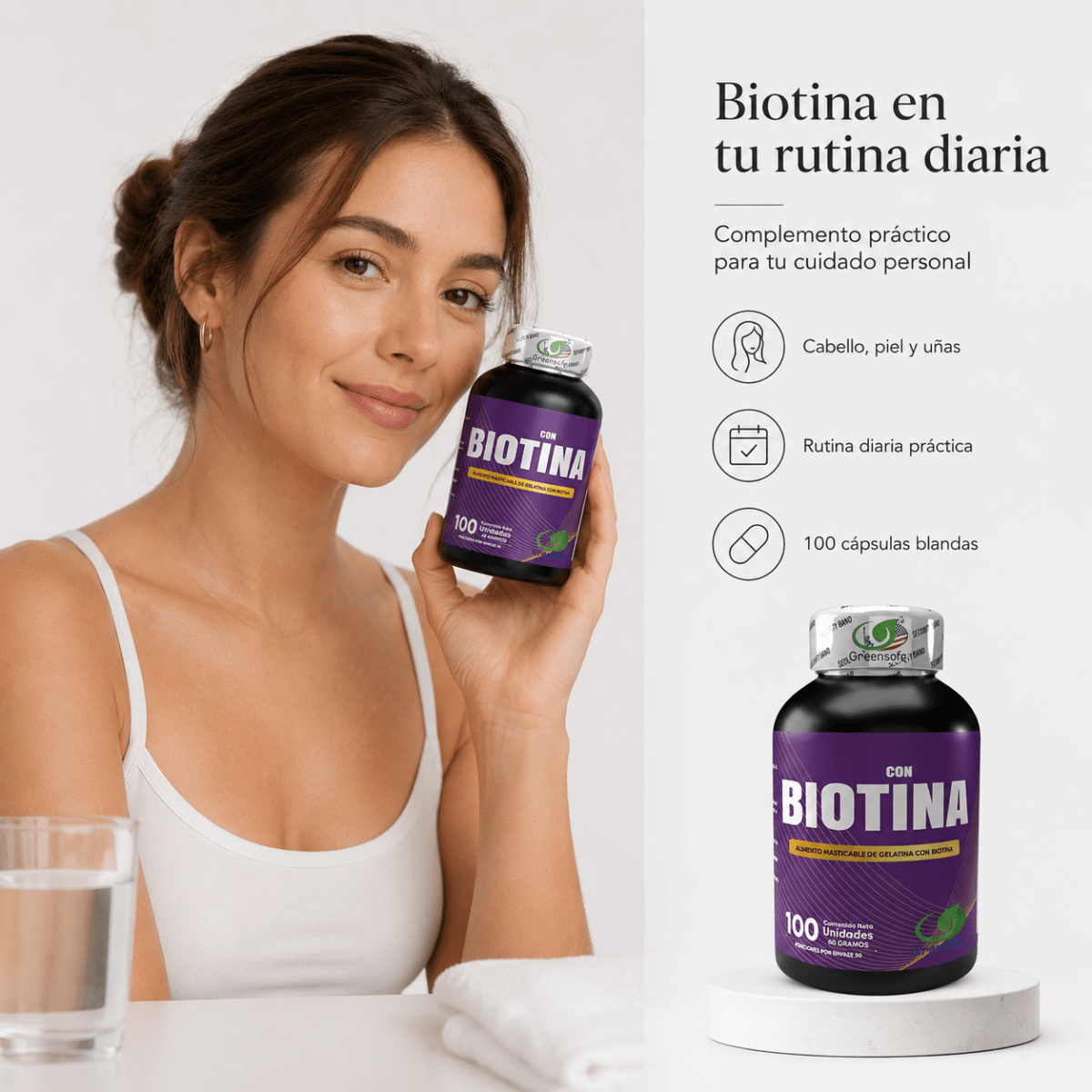Biotina 10.000 mcg Greensofg (100 Cápsulas Blandas) - Zivanne