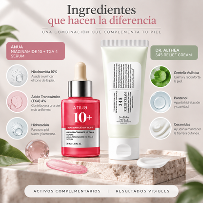 Zivanne, Kit Tono Uniforme y Barrera Calmante, Anua Niacinamide 10 TXA 4 Serum 30ml + Dr. Althea 345 Relief Cream 60ml, Set de 2 Piezas