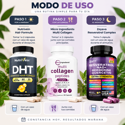 Zivanne, Kit Triplo Anti-Edad Capilar y Longevidad Celular, Micro Ingredients Multi Collagen + Nutrivein Hair Formula + Zoyava Resveratrol, Set de 3 Piezas