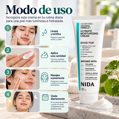 NIDA, Youthful Facial Cream, Crema Aclarante y Rejuvenecedora con Colágeno, Niacinamida y Centella Asiática, 100 ml