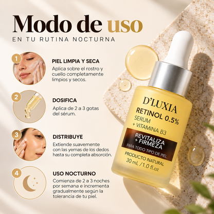 D'LUXIA, Sérum Facial de Retinol 0.5% con Vitamina B3, Renovación y Firmeza, 30 ml