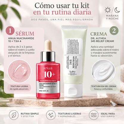 Zivanne, Kit Tono Uniforme y Barrera Calmante, Anua Niacinamide 10 TXA 4 Serum 30ml + Dr. Althea 345 Relief Cream 60ml, Set de 2 Piezas