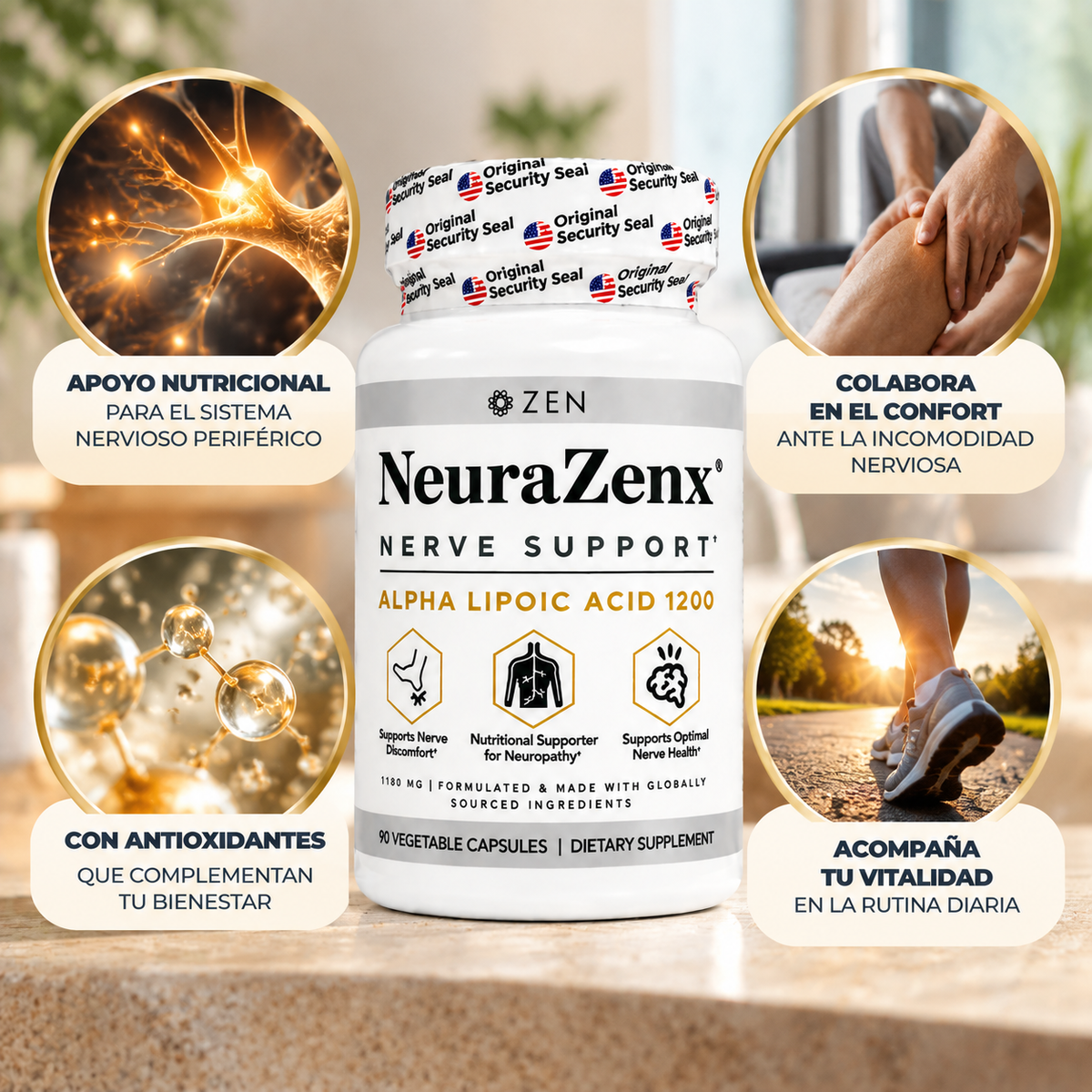 NeuraZenx, Nerve Support Alpha Lipoic Acid 1200, Suplemento Alimenticio de Apoyo Neurológico, 90 Cápsulas Vegetales