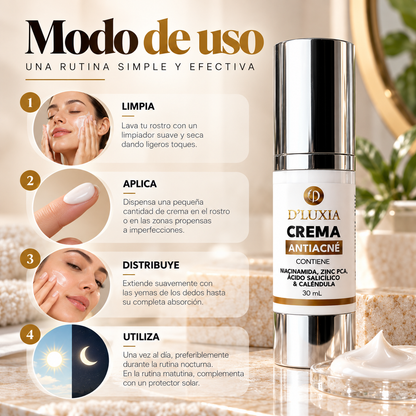 D'LUXIA, Crema Facial Anti-Acné y Control de Sebo, Niacinamida, Zinc PCA y Ácido Salicílico, 30 ml