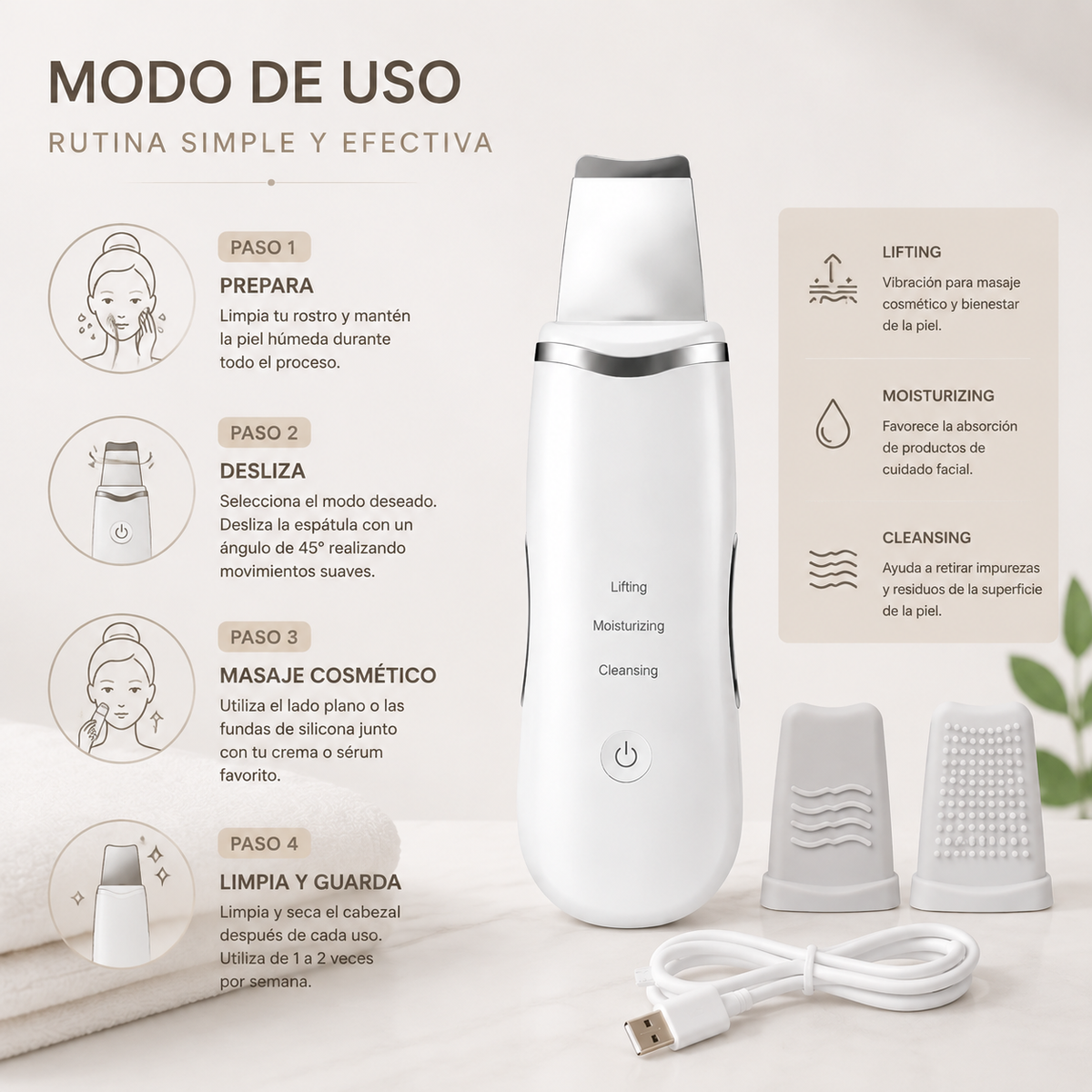 Zivanne, Espátula Facial Ultrasónica Portátil, Dispositivo Cosmético de Higiene y Masaje, 1 Unidad