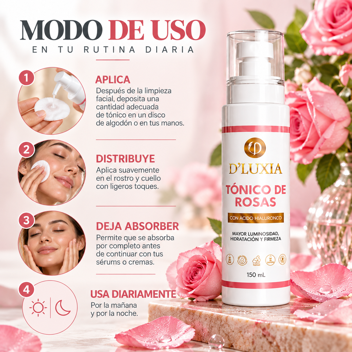 D'LUXIA, Tónico de Rosas Facial, Equilibrio, Frescura y Revitalización, 150 ml