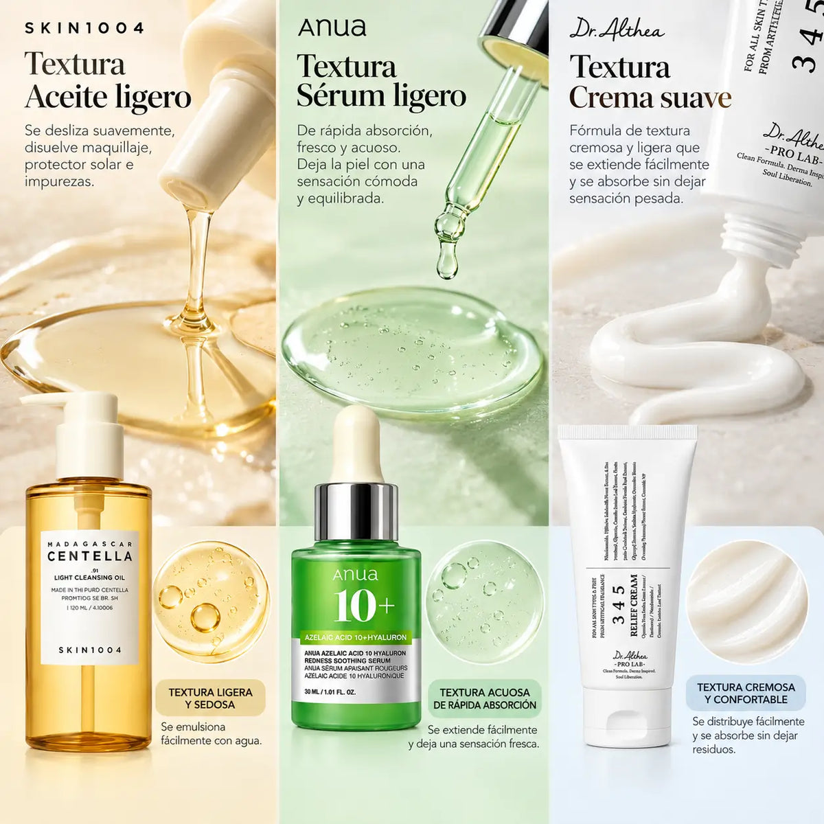 Kit Rutina Coreana K-Beauty Perfeccionadora y Calmante, SKIN1004 Aceite Limpiador 120 ml + Anua Sérum Ácido Azelaico 10% 30 ml + Dr. Althea 345 Relief Cream 30 ml