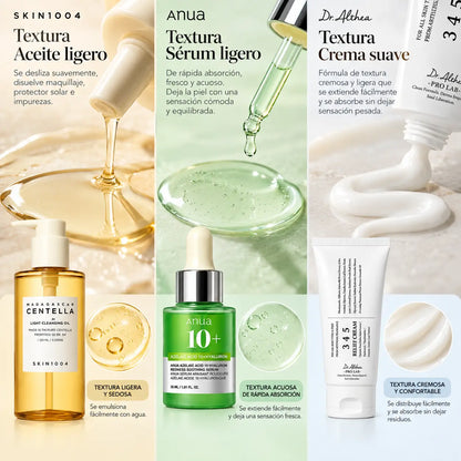 Kit Rutina Coreana K-Beauty Perfeccionadora y Calmante, SKIN1004 Aceite Limpiador 120 ml + Anua Sérum Ácido Azelaico 10% 30 ml + Dr. Althea 345 Relief Cream 30 ml