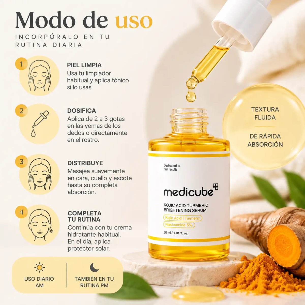 Medicube, Acid Turmeric Serum, Sérum Facial Iluminador y Unificador, 30 ml