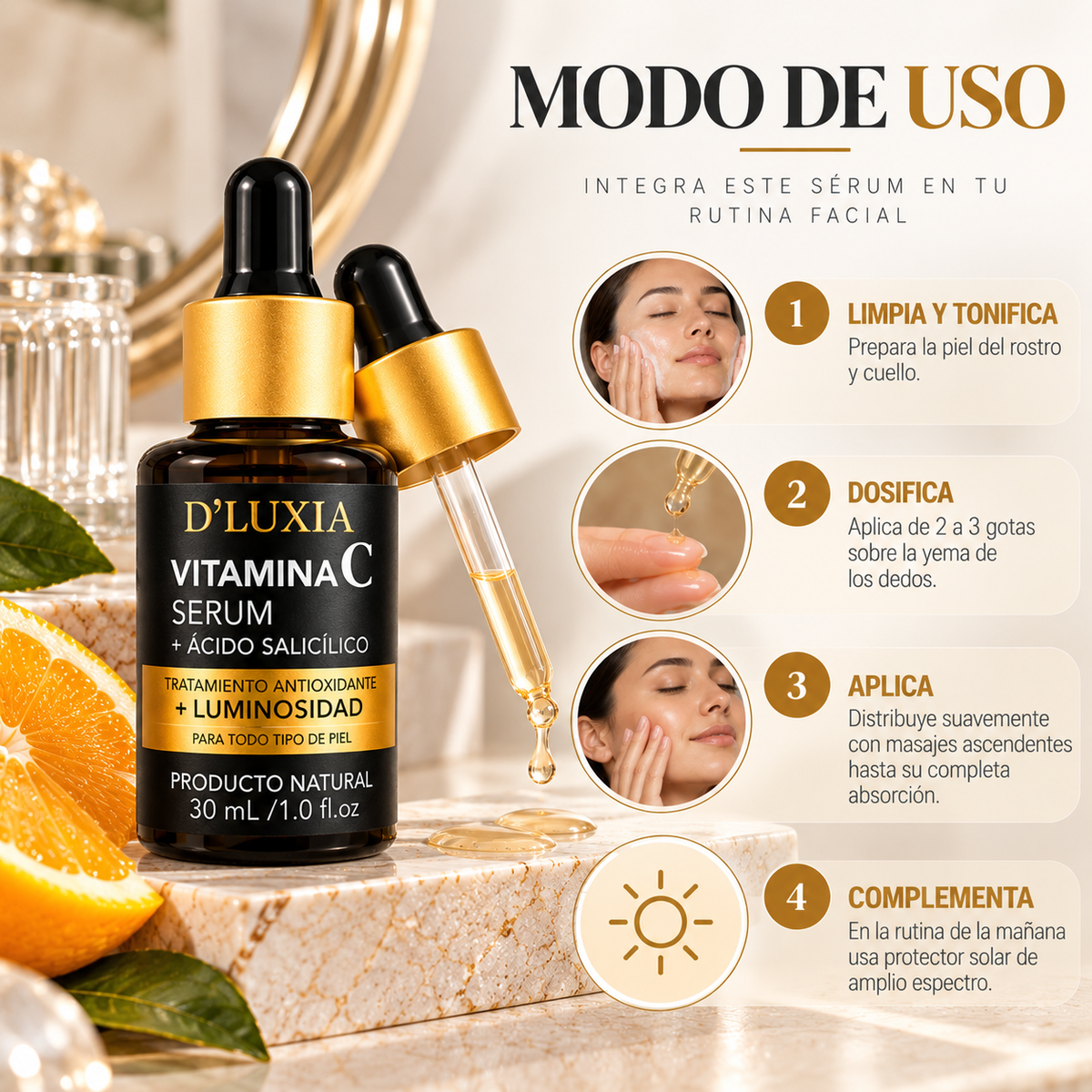 D'LUXIA, Sérum Facial de Vitamina C y Ácido Salicílico, Iluminación y Antioxidante, 30 ml