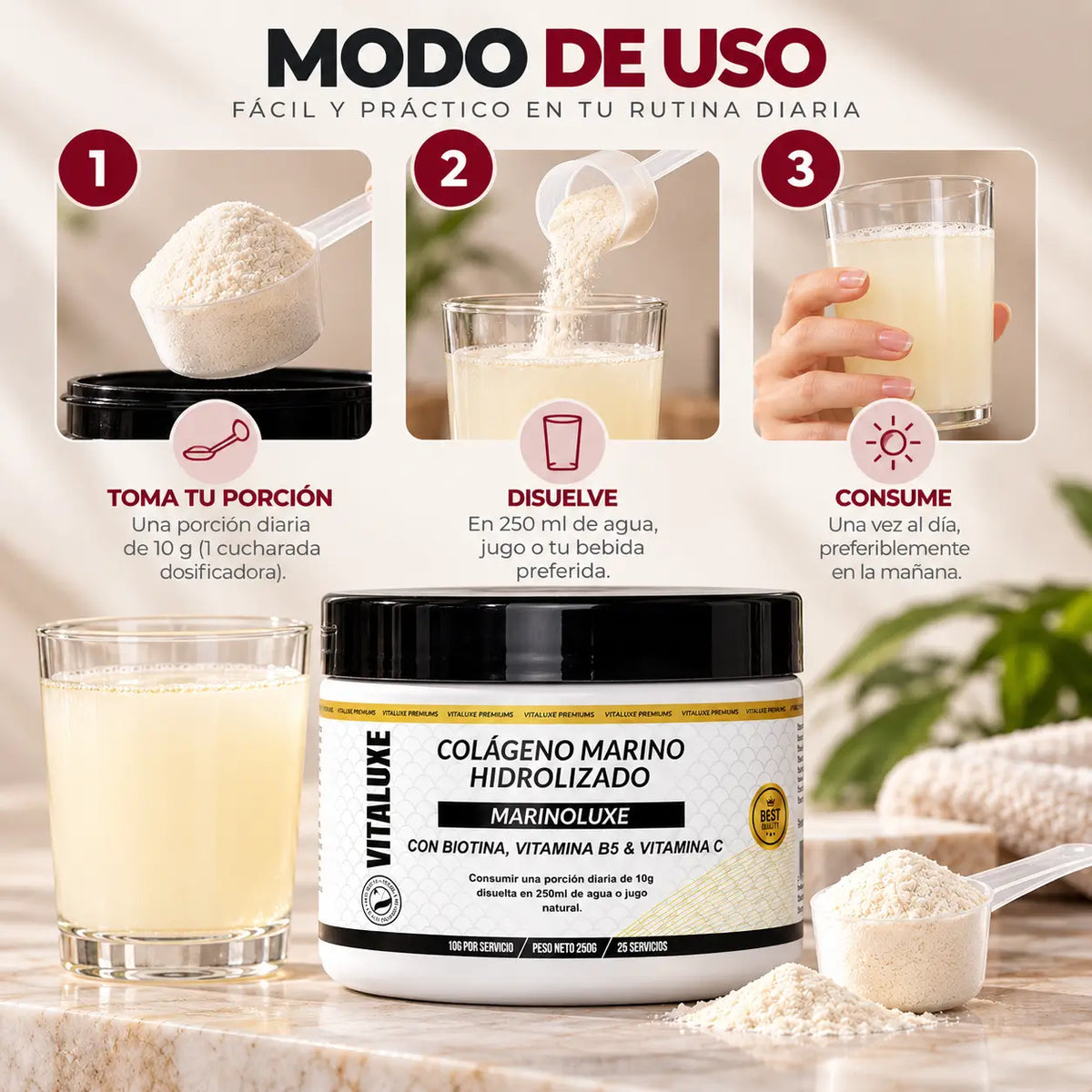 Vitaluxe, Colágeno Marino Hidrolizado Marinoluxe, Suplemento Nutricional con Biotina y Vitaminas, 250 g