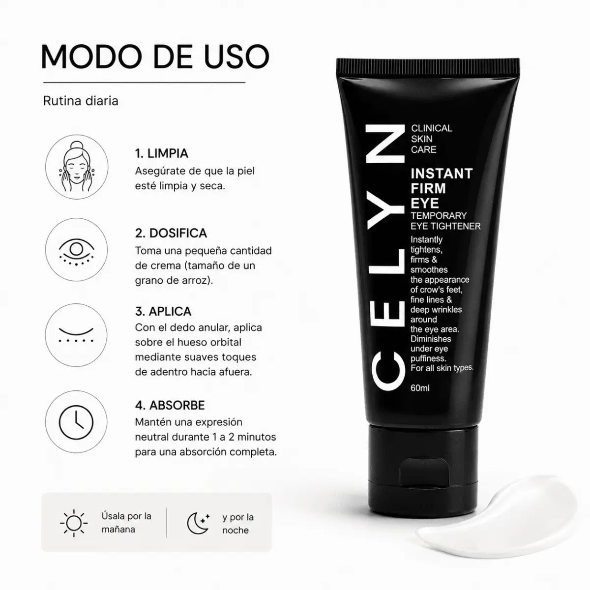 Tubo de crema tensora para contorno de ojos CELYN Instant Firming Eye Cream 60ml Zivanne