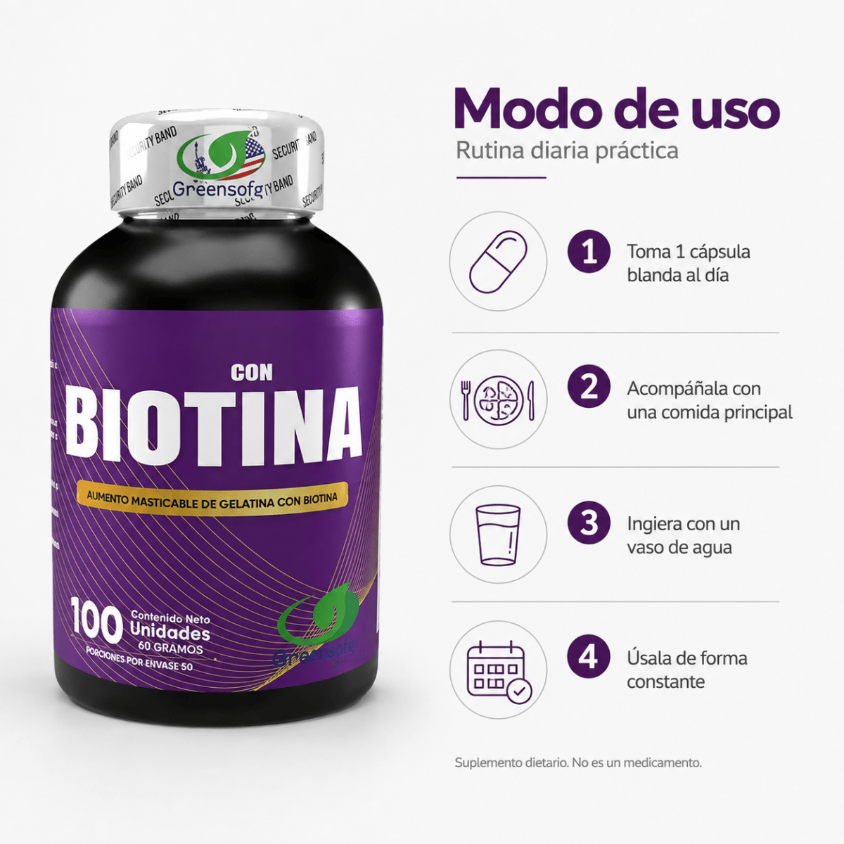 Biotina 10.000 mcg Greensofg (100 Cápsulas Blandas) - Zivanne