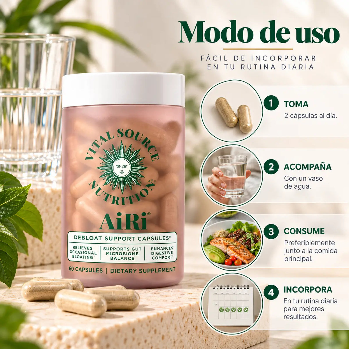 Vital Source Nutrition, AiRi Debloat Support Capsules, Suplemento Alimenticio Digestivo, 60 Cápsulas