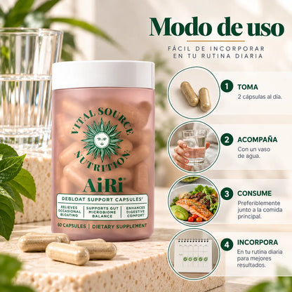 Vital Source Nutrition, AiRi Debloat Support Capsules, Suplemento Alimenticio Digestivo, 60 Cápsulas