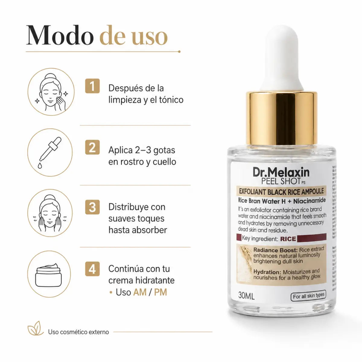 Ampolla facial iluminadora Dr Melaxin Rice Brightening 30ml con extracto de arroz y niacinamida K-Beauty Zivanne