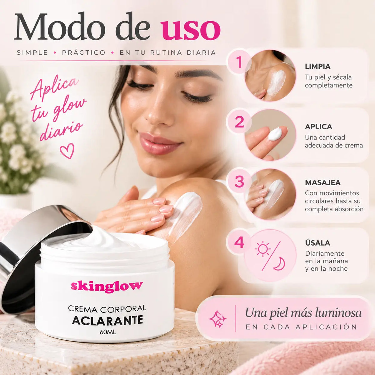 SkinGlow, Crema Facial y Corporal Iluminadora, Unificadora del Tono, 60 ml