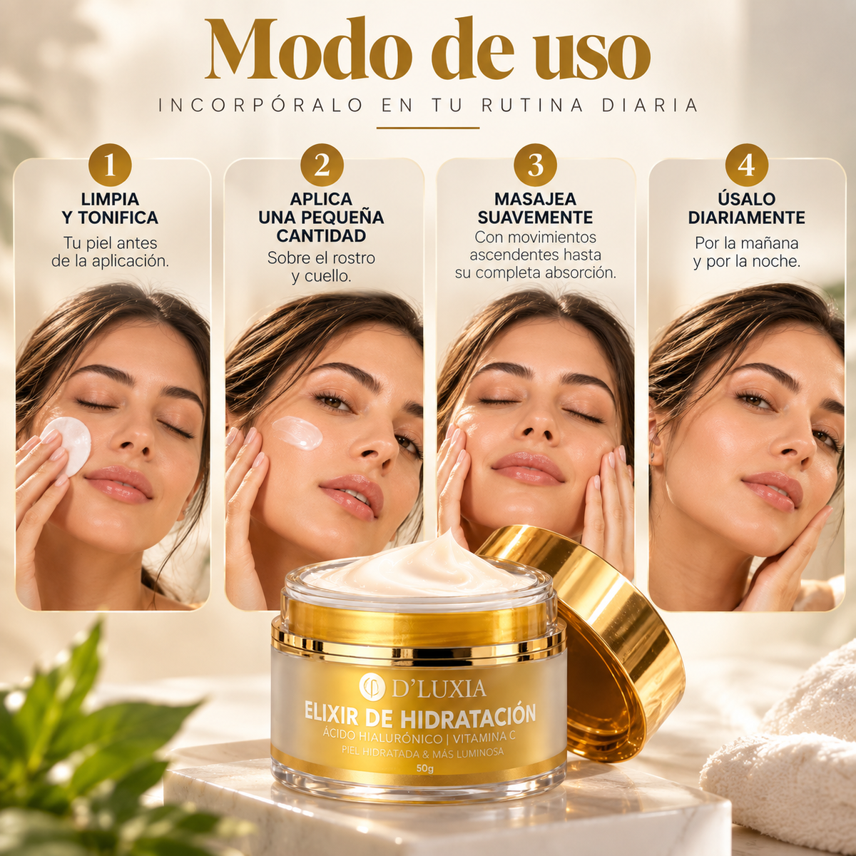 D'LUXIA, Elixir de Hidratación Facial con Ácido Hialurónico y Vitamina C, Piel Luminosa y Radiante, 50 g