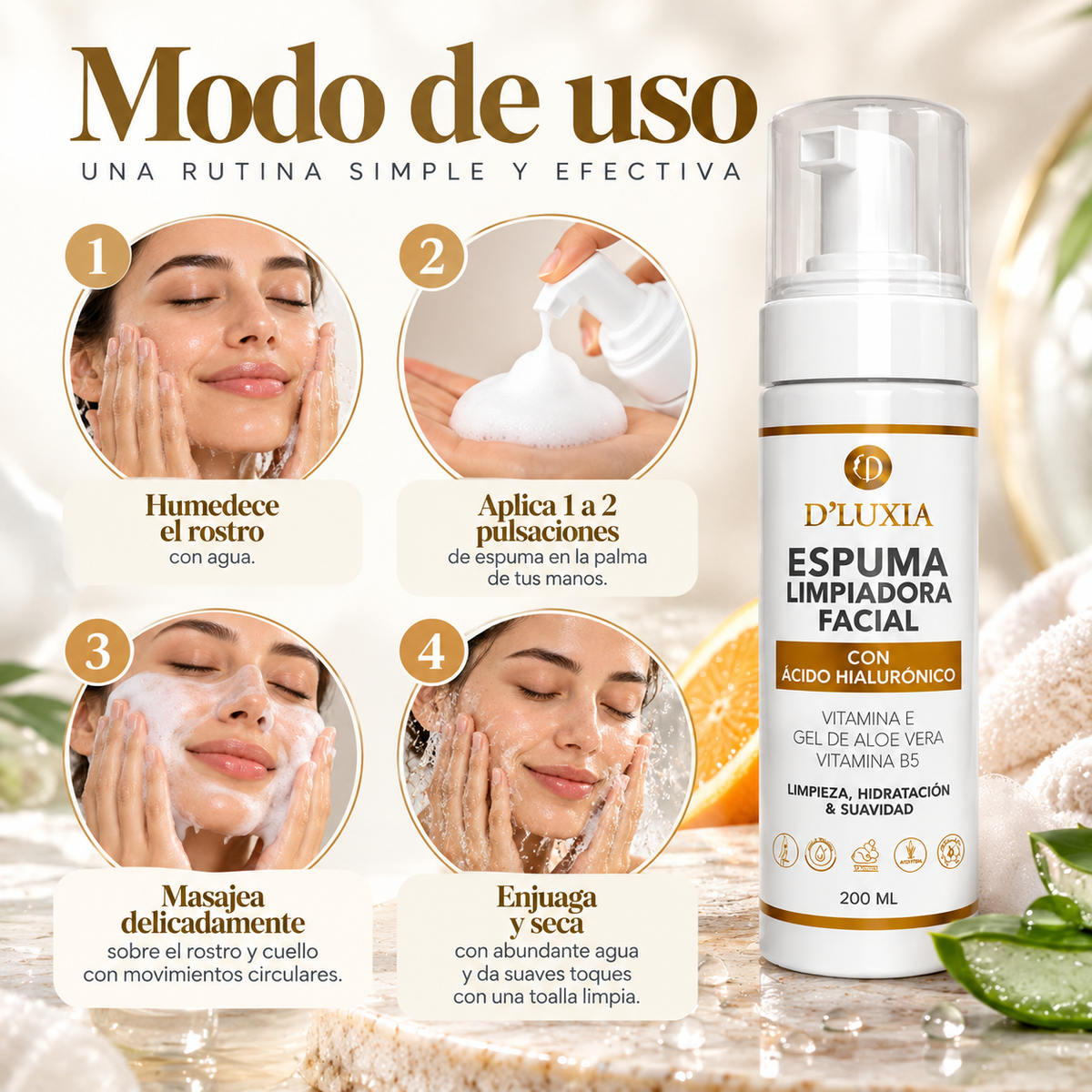 D'LUXIA, Espuma Limpiadora Facial con Vitamina C, Ácido Hialurónico y Elastina, Limpieza Profunda y Suave, 200 ml