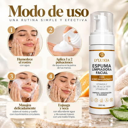 D'LUXIA, Espuma Limpiadora Facial con Vitamina C, Ácido Hialurónico y Elastina, Limpieza Profunda y Suave, 200 ml