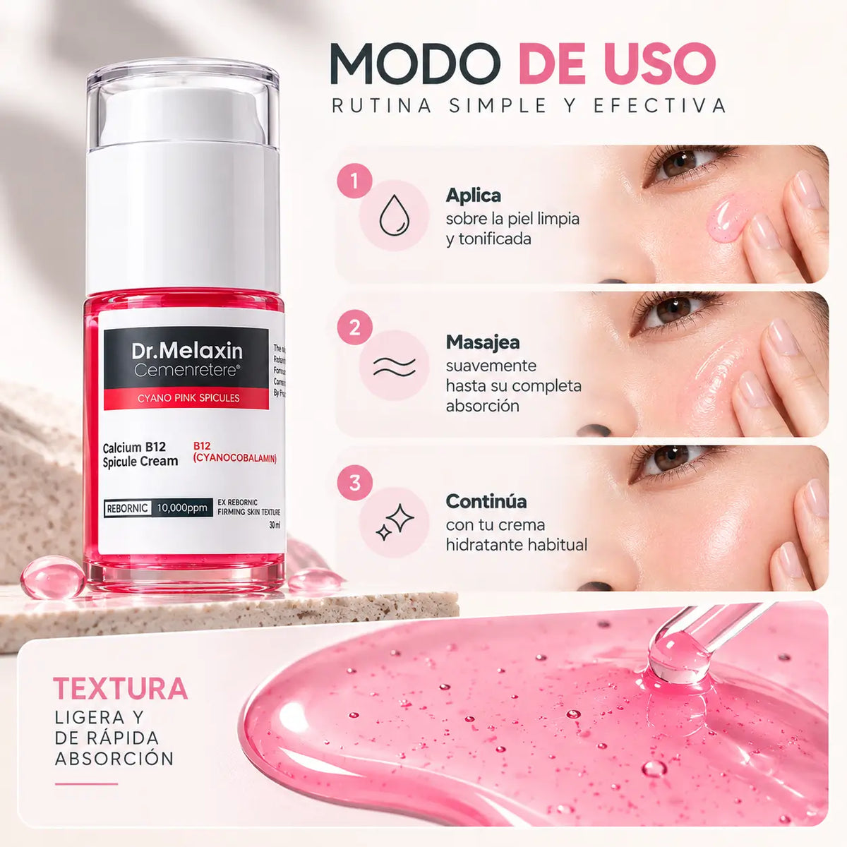 Dr. Melaxin, Cemenrete Calcium B12 Cyano Pink Serum, Tratamiento Facial Perfeccionador de Poros y Textura, 30 ml