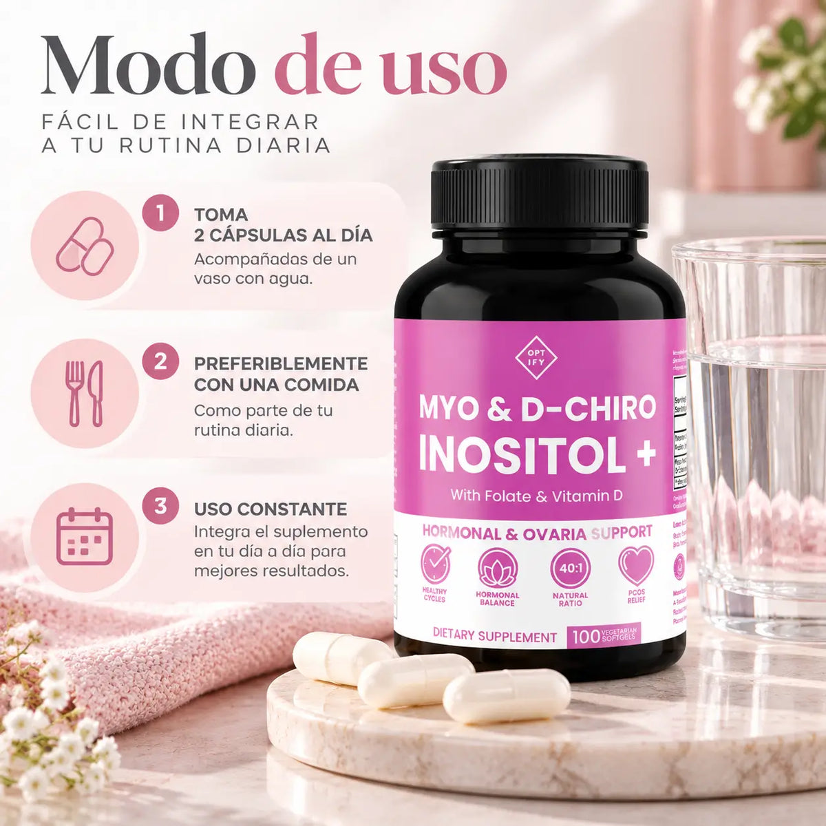 Optify, Myo & D-Chiro Inositol Plus, Suplemento Alimenticio para el Balance Hormonal y Salud Ovárica, 120 Cápsulas