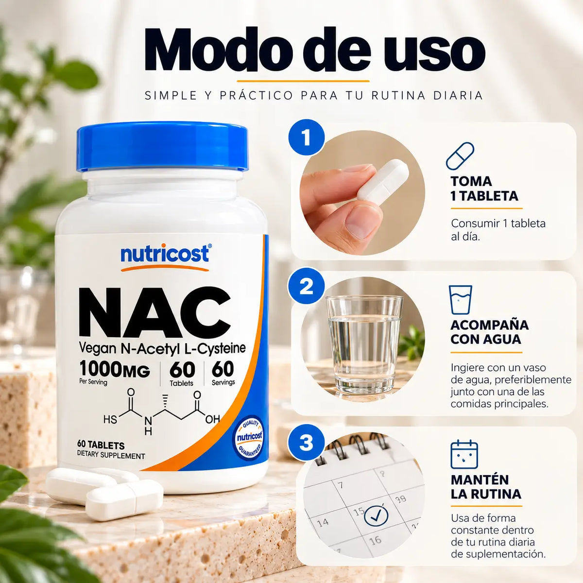 Nutricost, Vegan NAC N-Acetyl L-Cysteine 1000 mg, Suplemento Alimenticio Antioxidante, 60 Tabletas