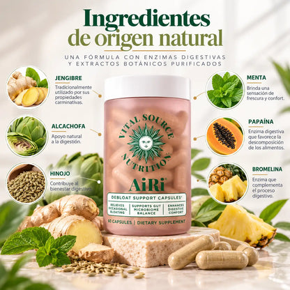Vital Source Nutrition, AiRi Debloat Support Capsules, Suplemento Alimenticio Digestivo, 60 Cápsulas