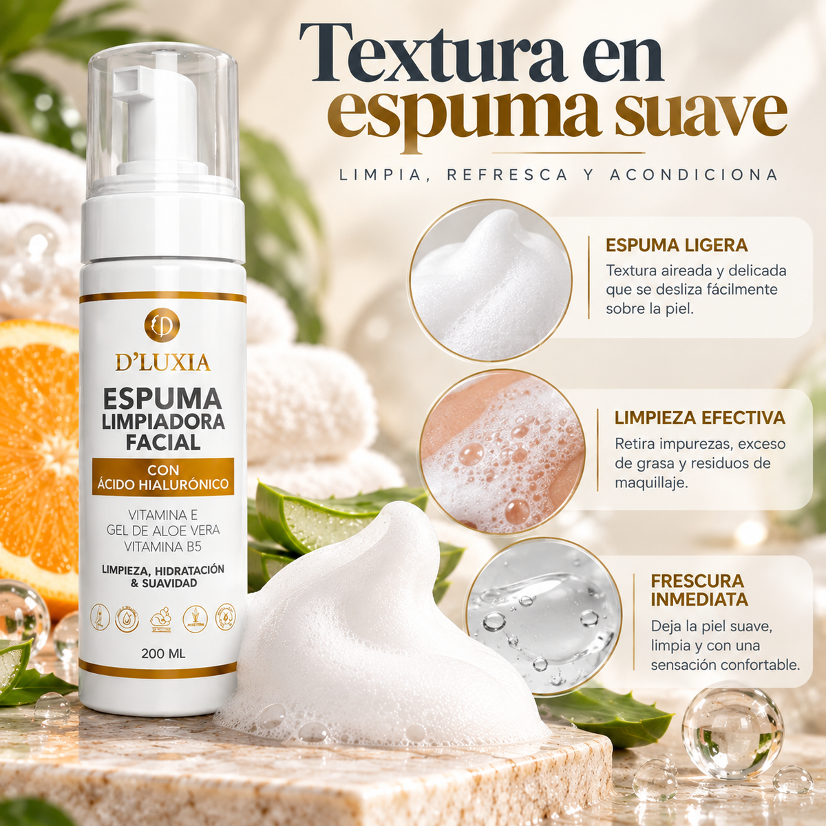 D'LUXIA, Espuma Limpiadora Facial con Vitamina C, Ácido Hialurónico y Elastina, Limpieza Profunda y Suave, 200 ml