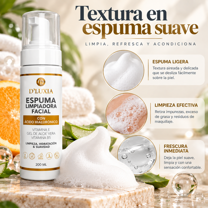 D'LUXIA, Espuma Limpiadora Facial con Vitamina C, Ácido Hialurónico y Elastina, Limpieza Profunda y Suave, 200 ml