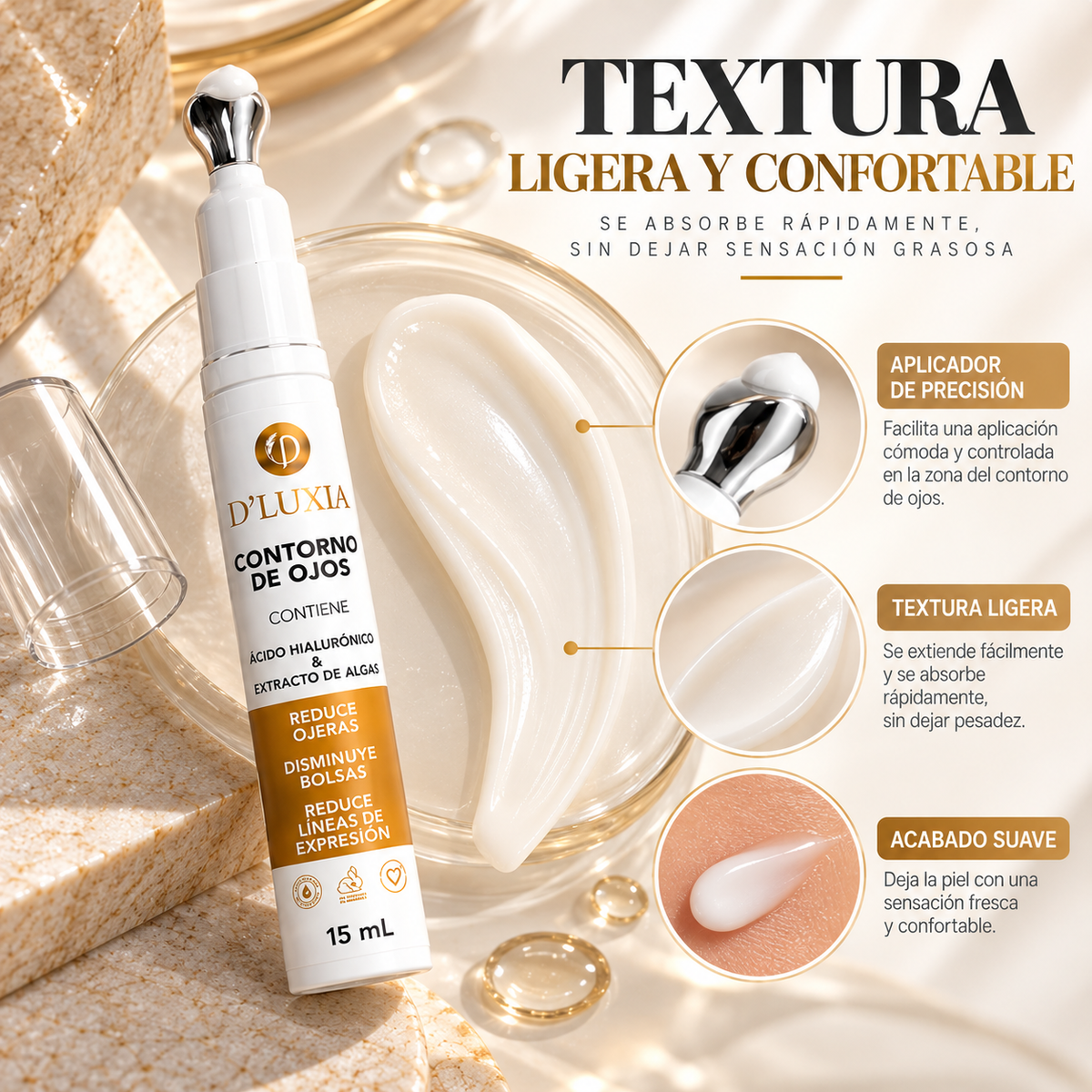 D'LUXIA, Contorno de Ojos Revitalizante Anti-Ojeras y Bolsas, Efecto Tensor e Hidratante, 15 g