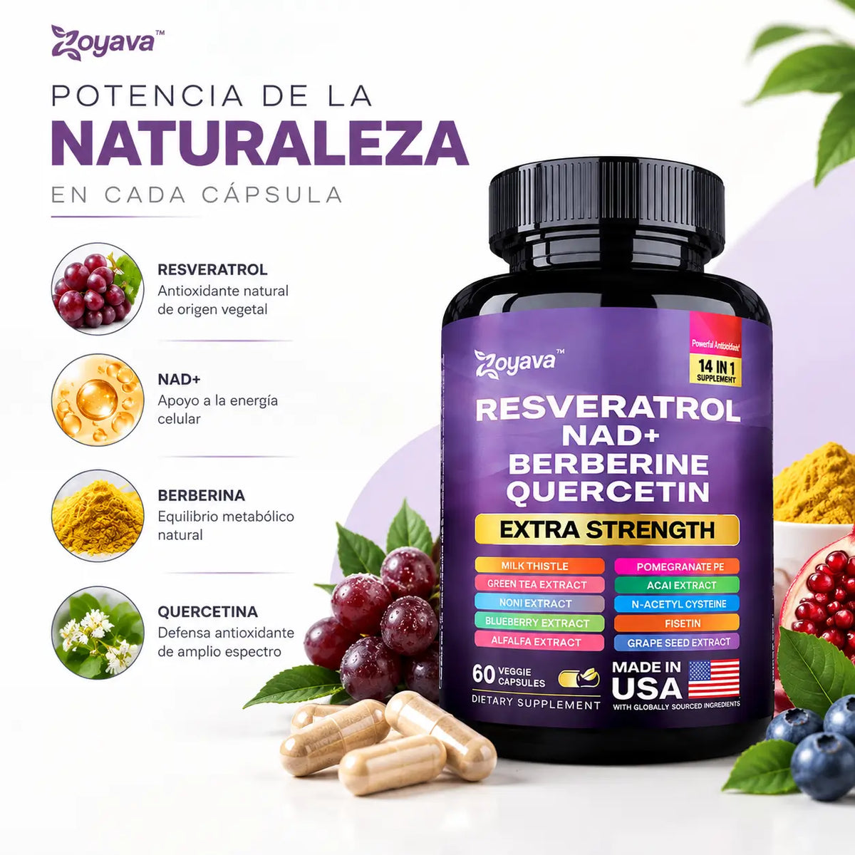 Zoyava, Resveratrol Complex Extra Strength, Suplemento Alimenticio Antioxidante, 60 Cápsulas