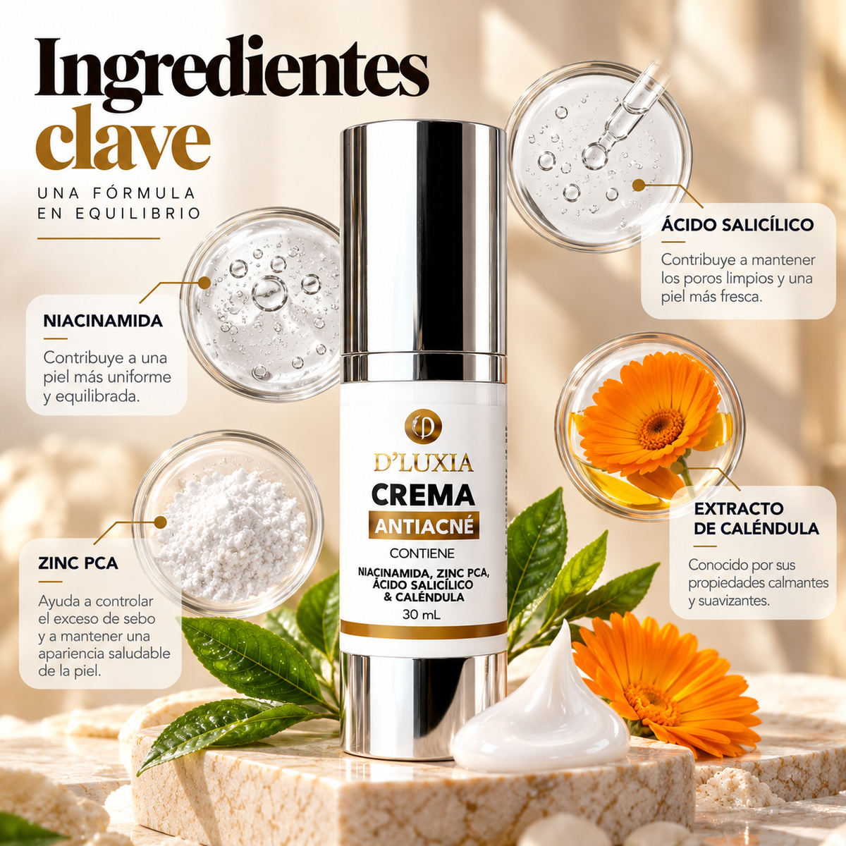 D'LUXIA, Crema Facial Anti-Acné y Control de Sebo, Niacinamida, Zinc PCA y Ácido Salicílico, 30 ml