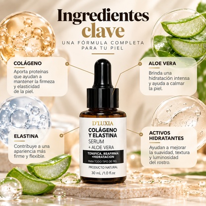 D'LUXIA, Sérum Facial de Colágeno, Elastina y Aloe Vera, Tonificante e Hidratante, 30 ml