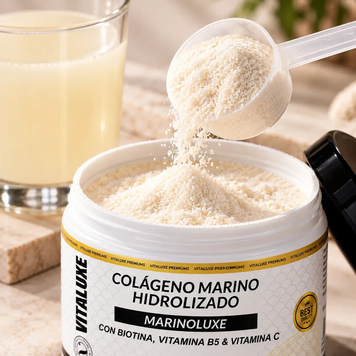 Vitaluxe, Colágeno Marino Hidrolizado Marinoluxe, Suplemento Nutricional con Biotina y Vitaminas, 250 g