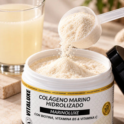 Vitaluxe, Colágeno Marino Hidrolizado Marinoluxe, Suplemento Nutricional con Biotina y Vitaminas, 250 g