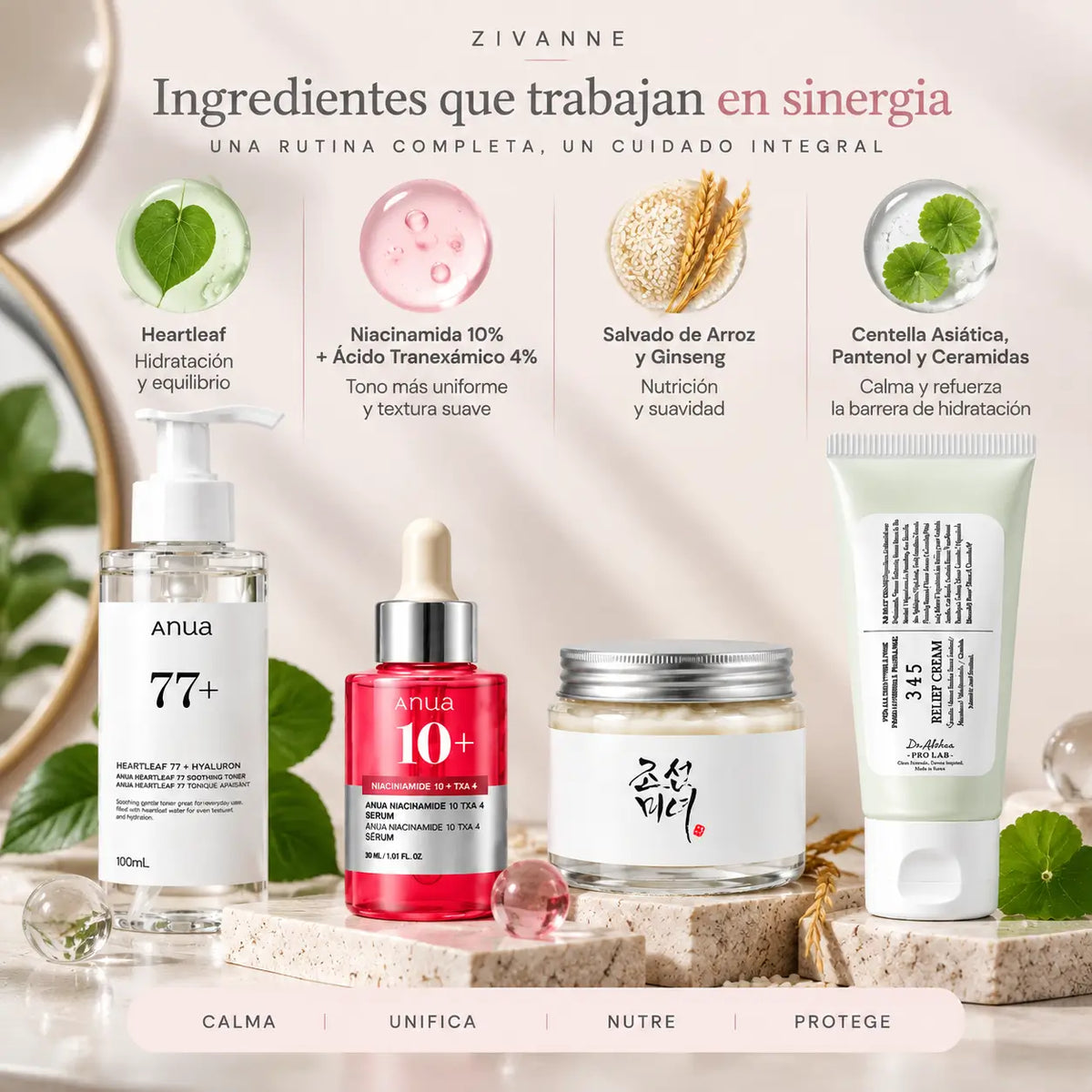 Zivanne, Kit Completo Unificador y Nutrición Intensa K-Beauty, Rutina Facial de 4 Pasos, Set de 4 Piezas