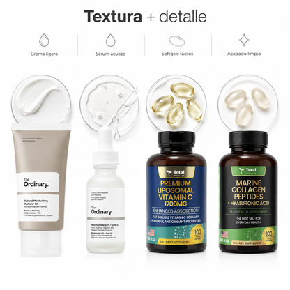 Kit Protocolo Estructural In y Out con suplementos de Colágeno Marino, Vitamina C Liposomal y cosméticos The Ordinary de Zivanne
