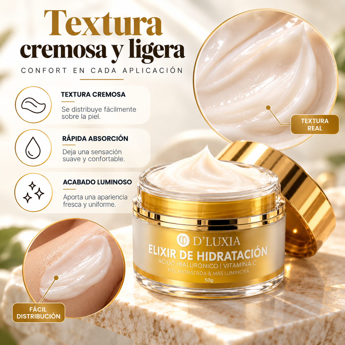 D'LUXIA, Elixir de Hidratación Facial con Ácido Hialurónico y Vitamina C, Piel Luminosa y Radiante, 50 g