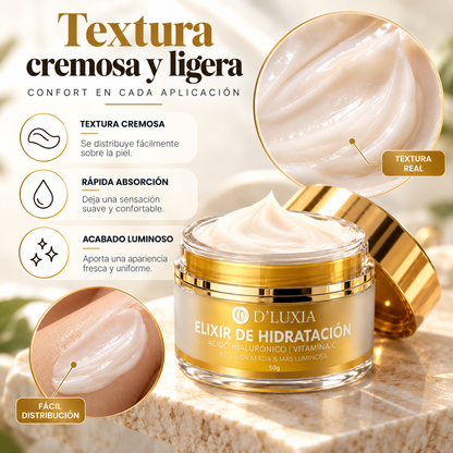 D'LUXIA, Elixir de Hidratación Facial con Ácido Hialurónico y Vitamina C, Piel Luminosa y Radiante, 50 g