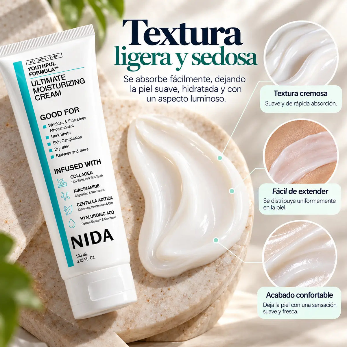 NIDA, Youthful Facial Cream, Crema Aclarante y Rejuvenecedora con Colágeno, Niacinamida y Centella Asiática, 100 ml