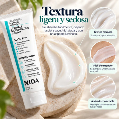 NIDA, Youthful Facial Cream, Crema Aclarante y Rejuvenecedora con Colágeno, Niacinamida y Centella Asiática, 100 ml
