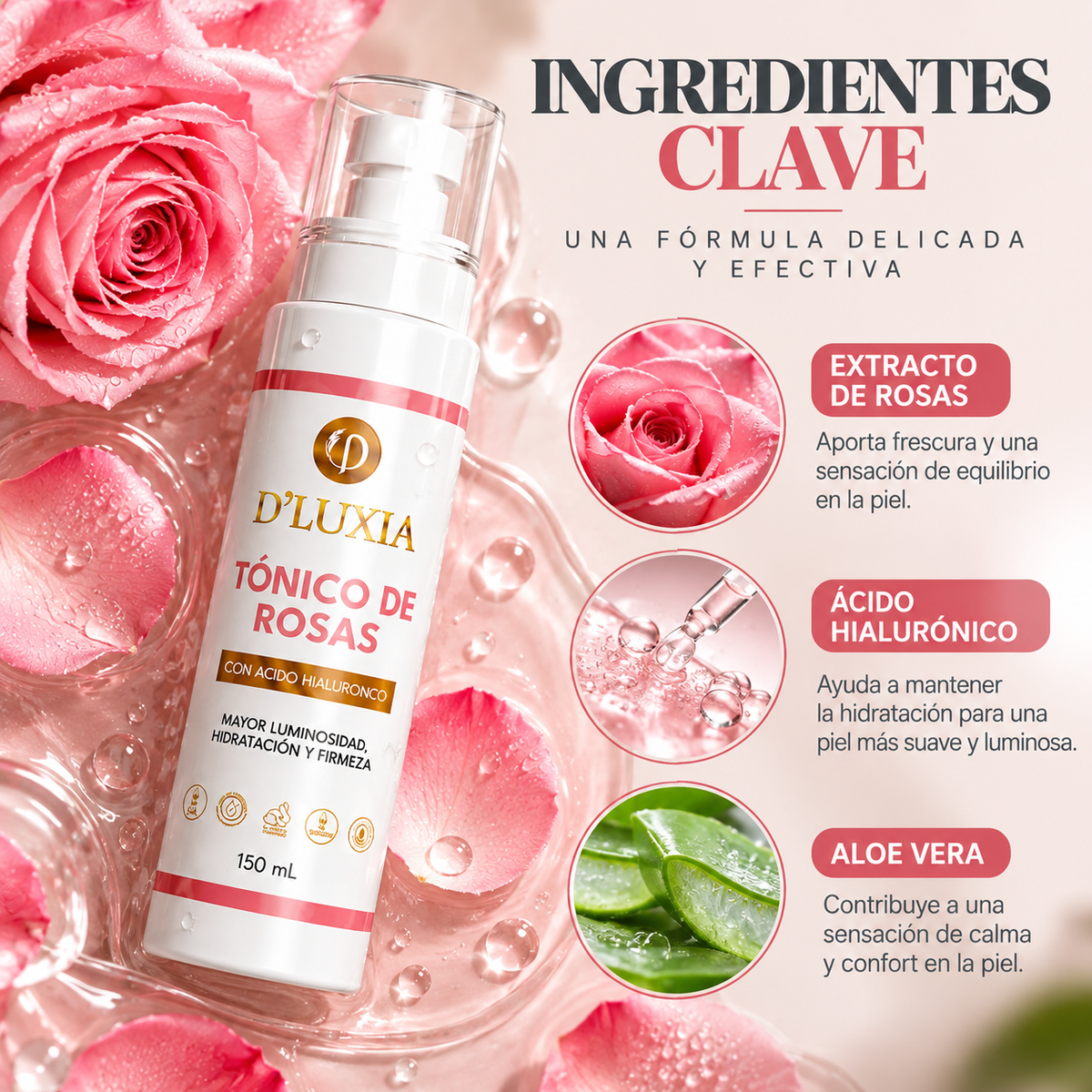 D'LUXIA, Tónico de Rosas Facial, Equilibrio, Frescura y Revitalización, 150 ml