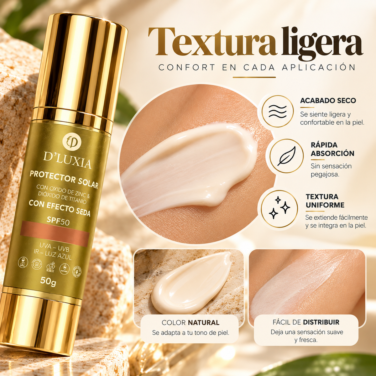 D'LUXIA, Protector Solar Facial con Efecto Seco, Alta Protección UV y Anti-Edad, 50 g