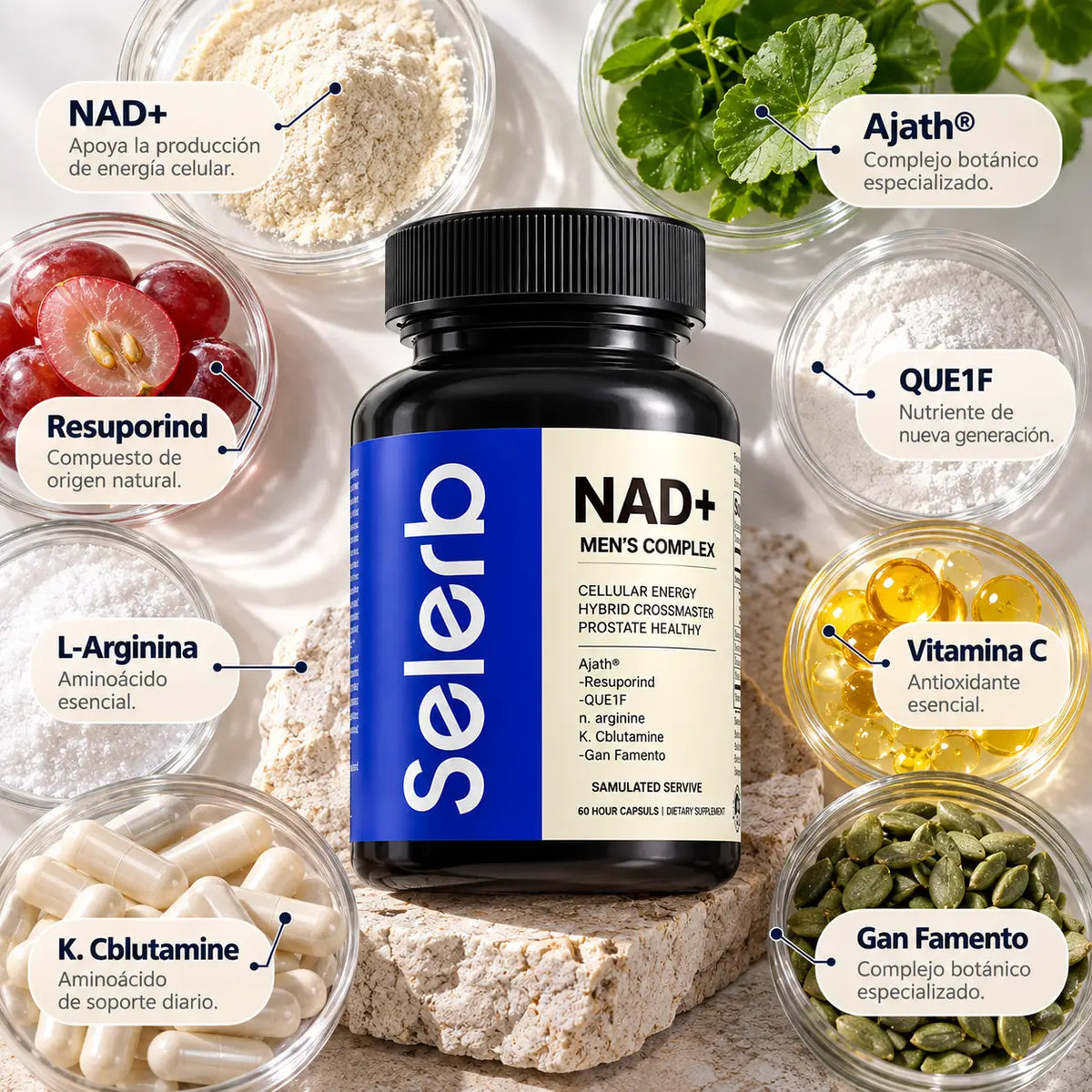 Selerb, NAD+ Men's Complex, Suplemento Alimenticio de Energía Celular y Salud Masculina, 60 Cápsulas
