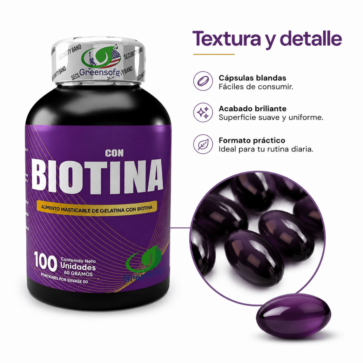Biotina 10.000 mcg Greensofg (100 Cápsulas Blandas) - Zivanne