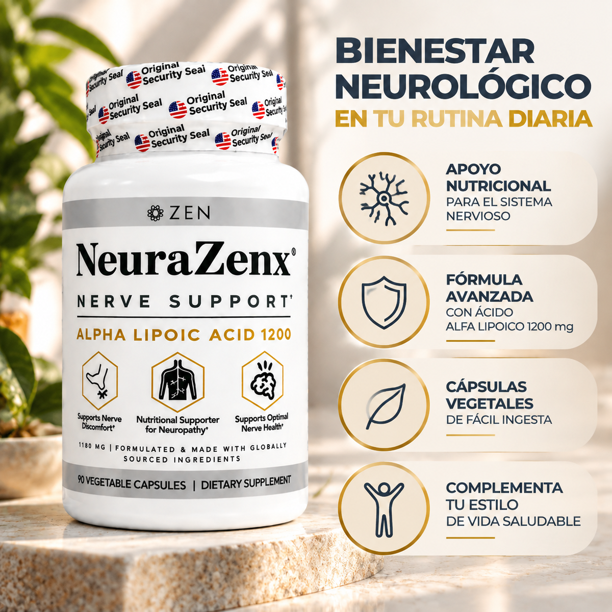 NeuraZenx, Nerve Support Alpha Lipoic Acid 1200, Suplemento Alimenticio de Apoyo Neurológico, 90 Cápsulas Vegetales