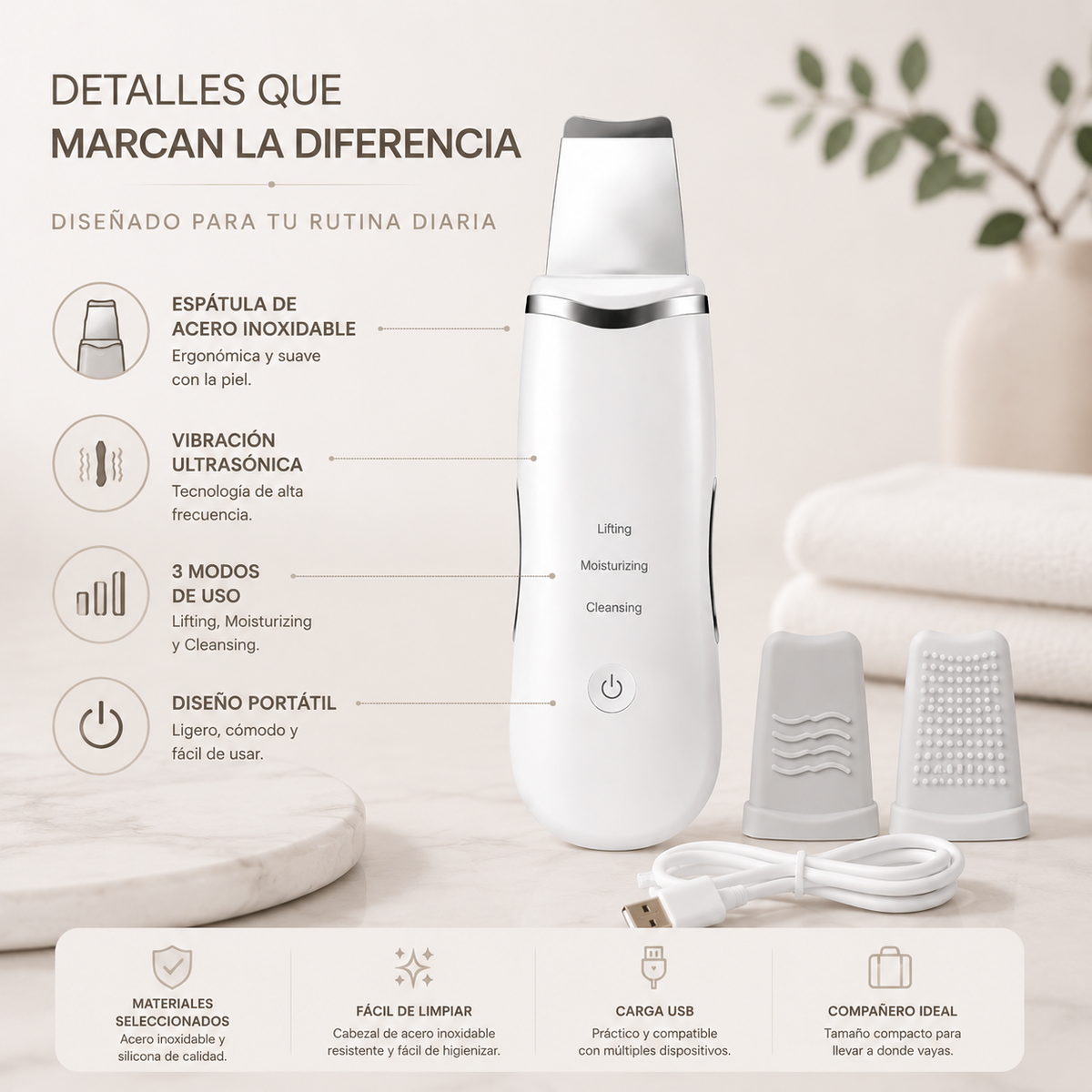 Zivanne, Espátula Facial Ultrasónica Portátil, Dispositivo Cosmético de Higiene y Masaje, 1 Unidad