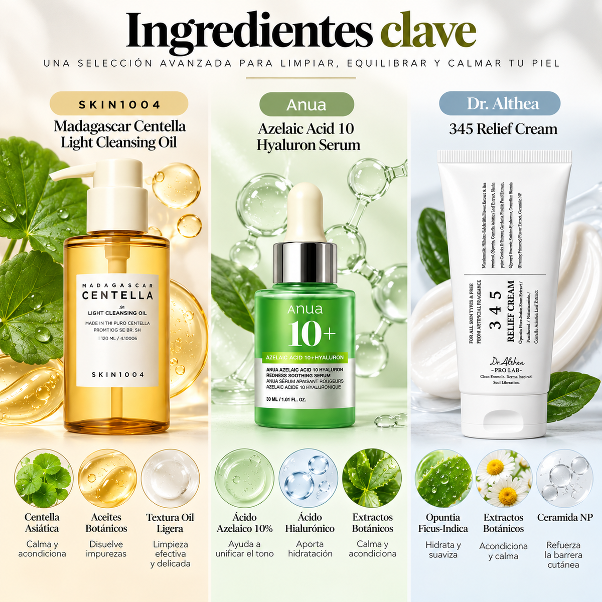 Kit Rutina Coreana K-Beauty Perfeccionadora y Calmante, SKIN1004 Aceite Limpiador 120 ml + Anua Sérum Ácido Azelaico 10% 30 ml + Dr. Althea 345 Relief Cream 30 ml